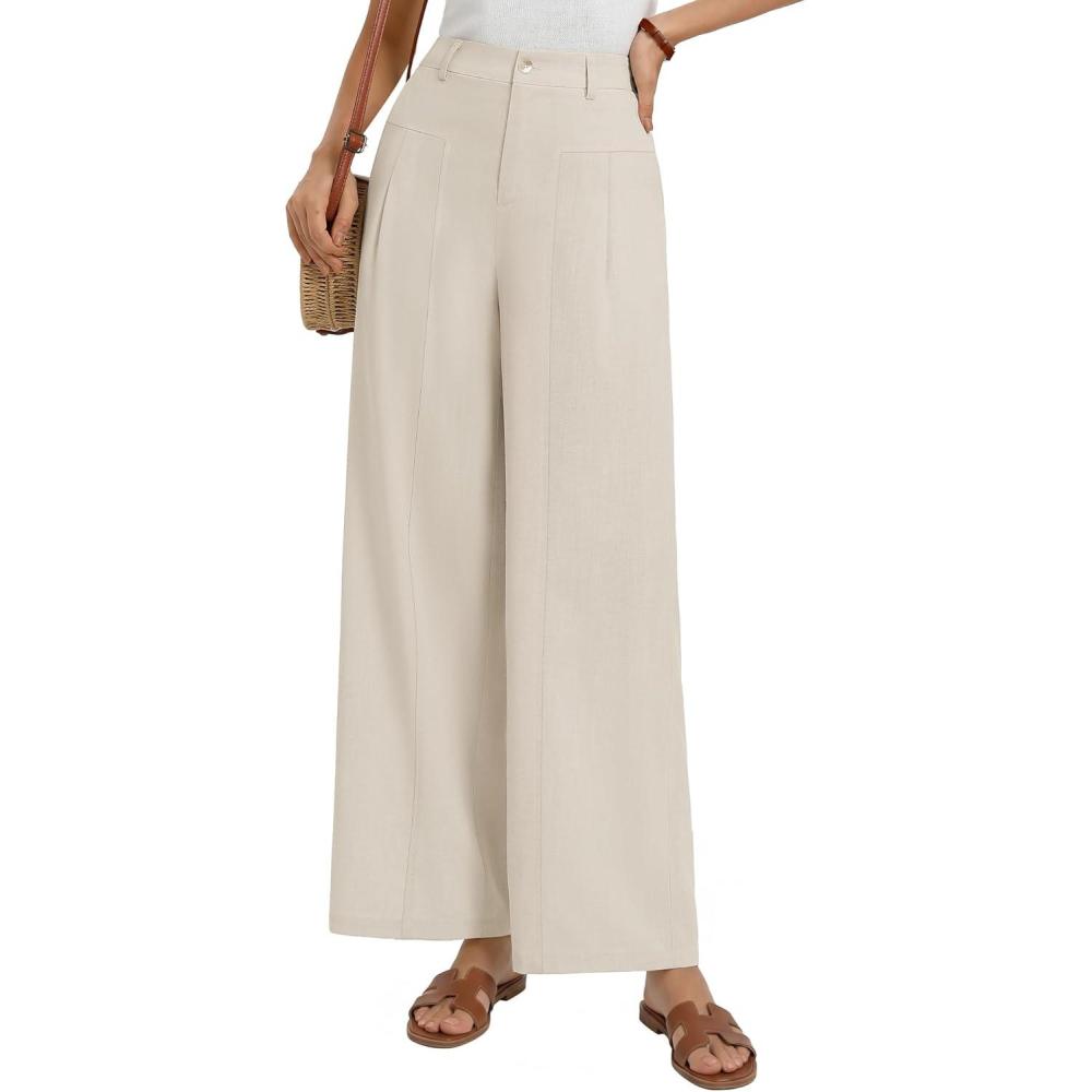 imageGRACE KARIN Womens Linen Pants 2026 Wide Leg Elastic High Waist Palazzo Pants with Pockets Business Casual SlacksBeige