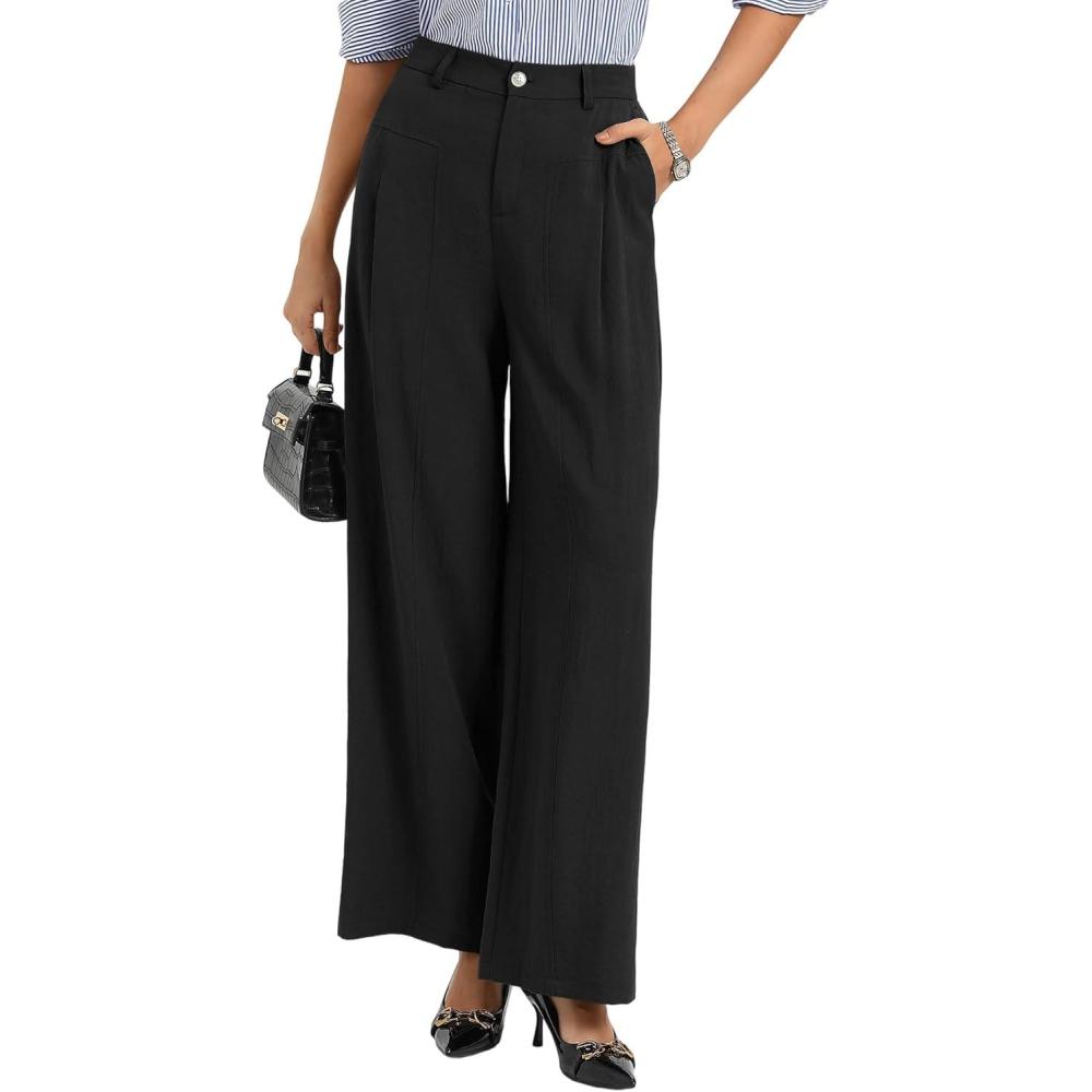 imageGRACE KARIN Womens Linen Pants 2026 Wide Leg Elastic High Waist Palazzo Pants with Pockets Business Casual SlacksBlack