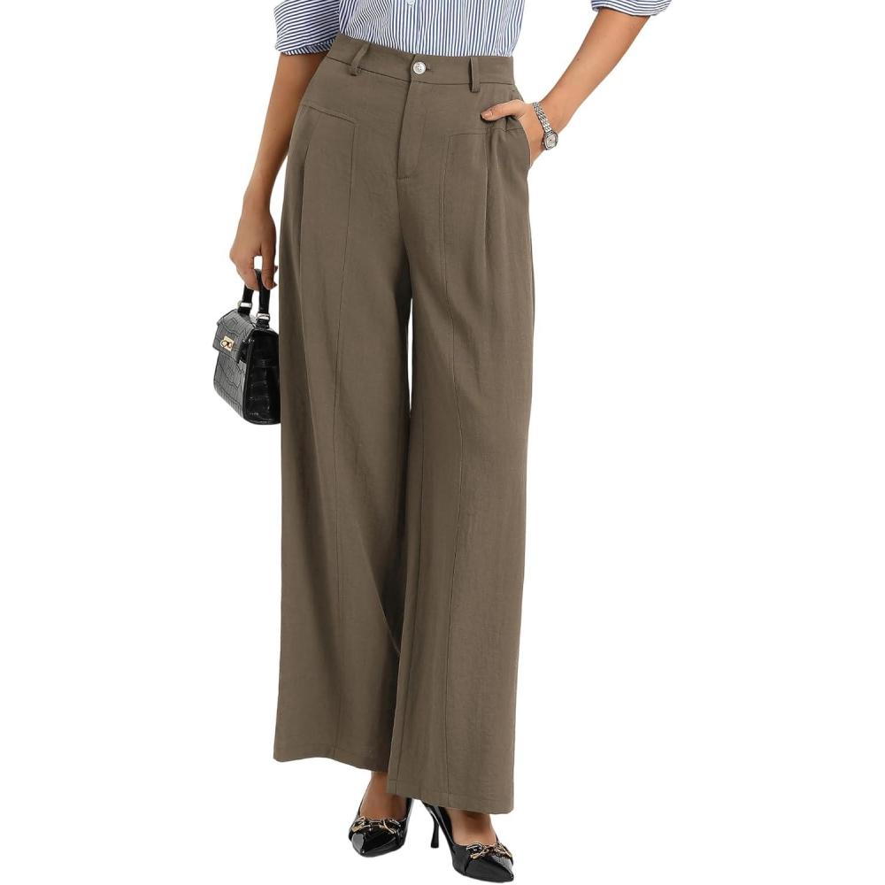 imageGRACE KARIN Womens Linen Pants 2026 Wide Leg Elastic High Waist Palazzo Pants with Pockets Business Casual SlacksKhaki
