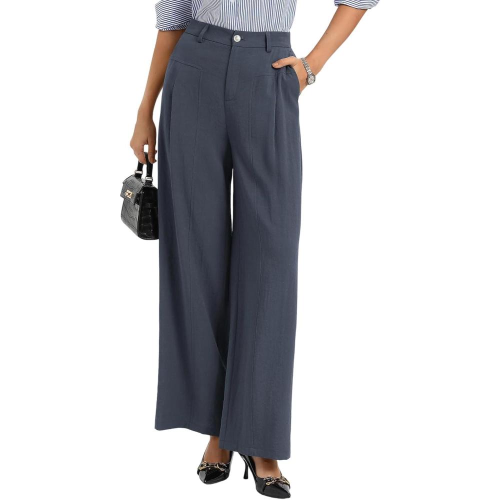 imageGRACE KARIN Womens Linen Pants 2026 Wide Leg Elastic High Waist Palazzo Pants with Pockets Business Casual SlacksNavy Blue