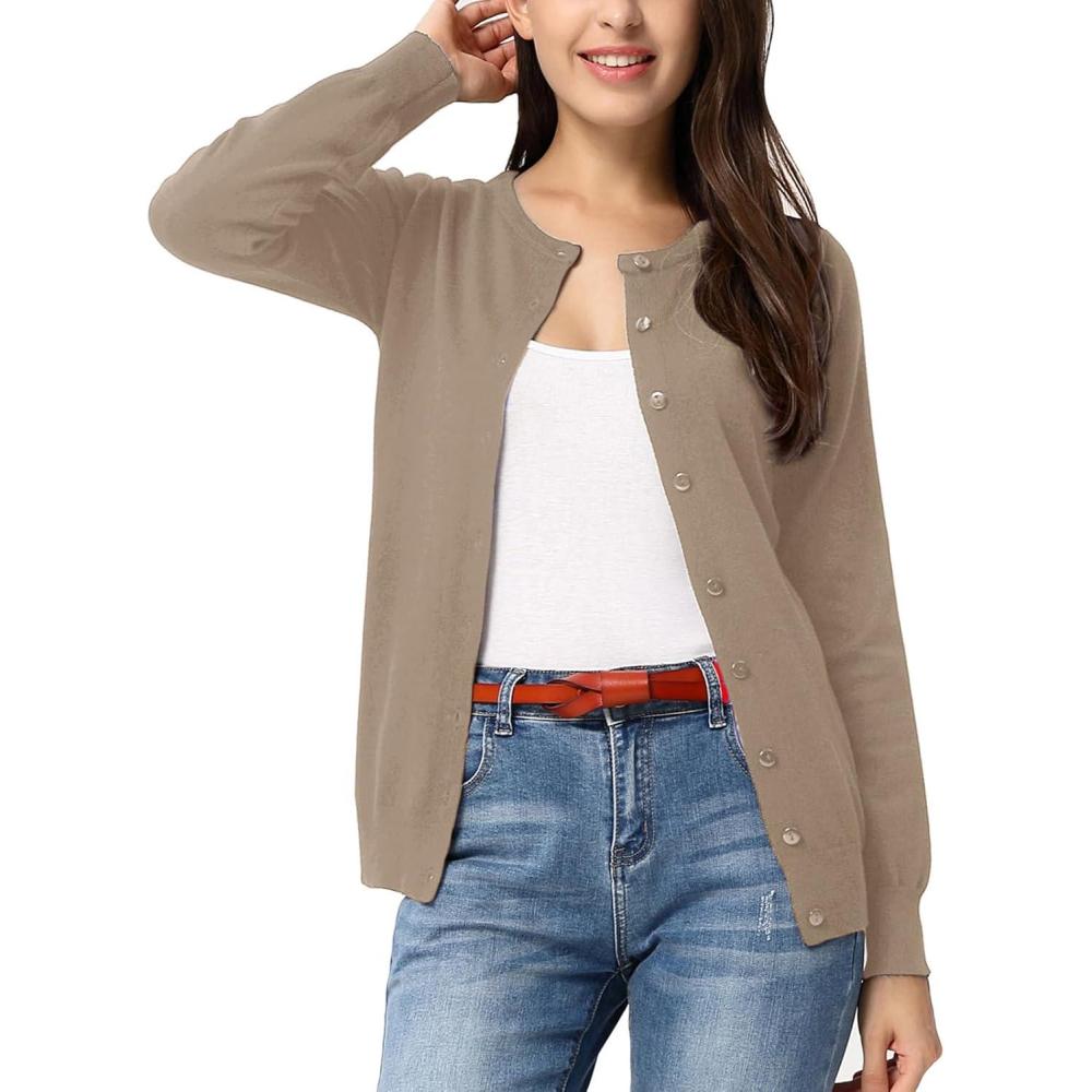 imageGRACE KARIN Womens Long Sleeve Knit Cardigan Sweaters Casual Dressy Open Front Button Down Cardigans Spring OutfitsKhaki