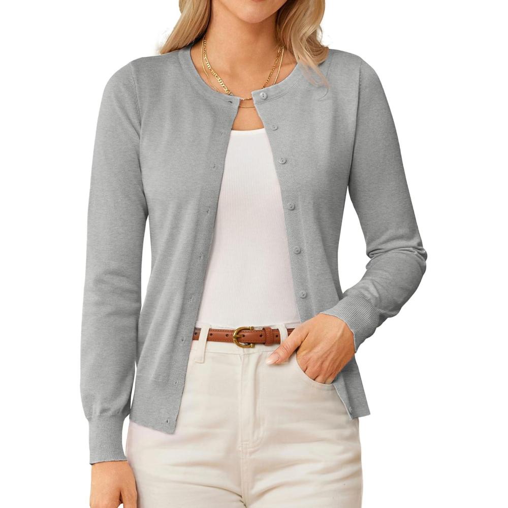 imageGRACE KARIN Womens Long Sleeve Knit Cardigan Sweaters Casual Dressy Open Front Button Down Cardigans Spring OutfitsLight Heather Gray