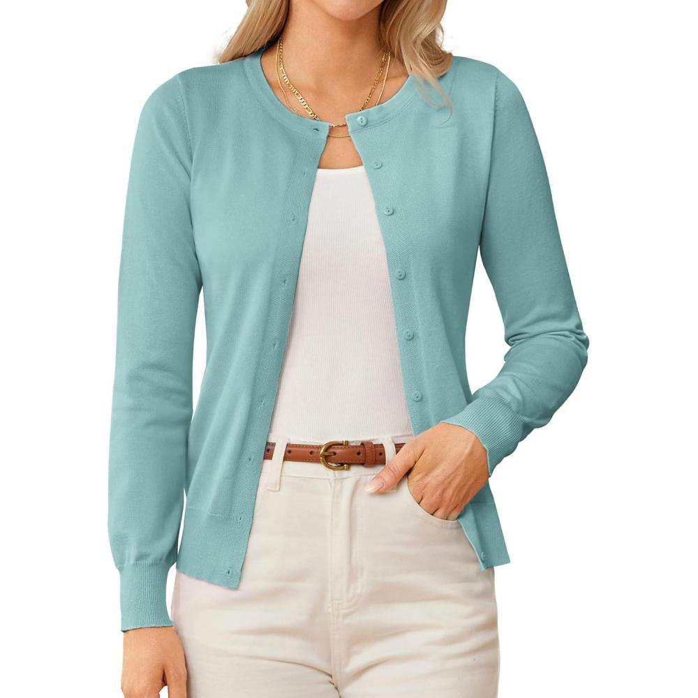 imageGRACE KARIN Womens Long Sleeve Knit Cardigan Sweaters Casual Dressy Open Front Button Down Cardigans Spring OutfitsSeafoam Blue