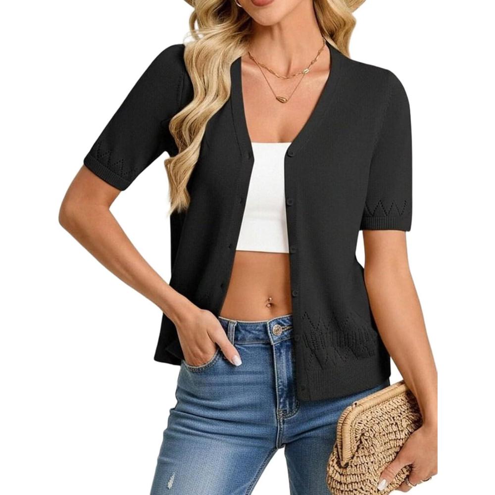 imageGRACE KARIN Womens Short Sleeve Spring Sweater Lightweight Cotton Cardigan Button Up V Neck Dressy Casual Cute TopsBlack