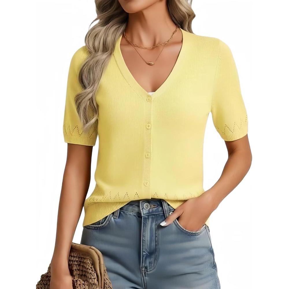 imageGRACE KARIN Womens Short Sleeve Spring Sweater Lightweight Cotton Cardigan Button Up V Neck Dressy Casual Cute TopsLight Yellow