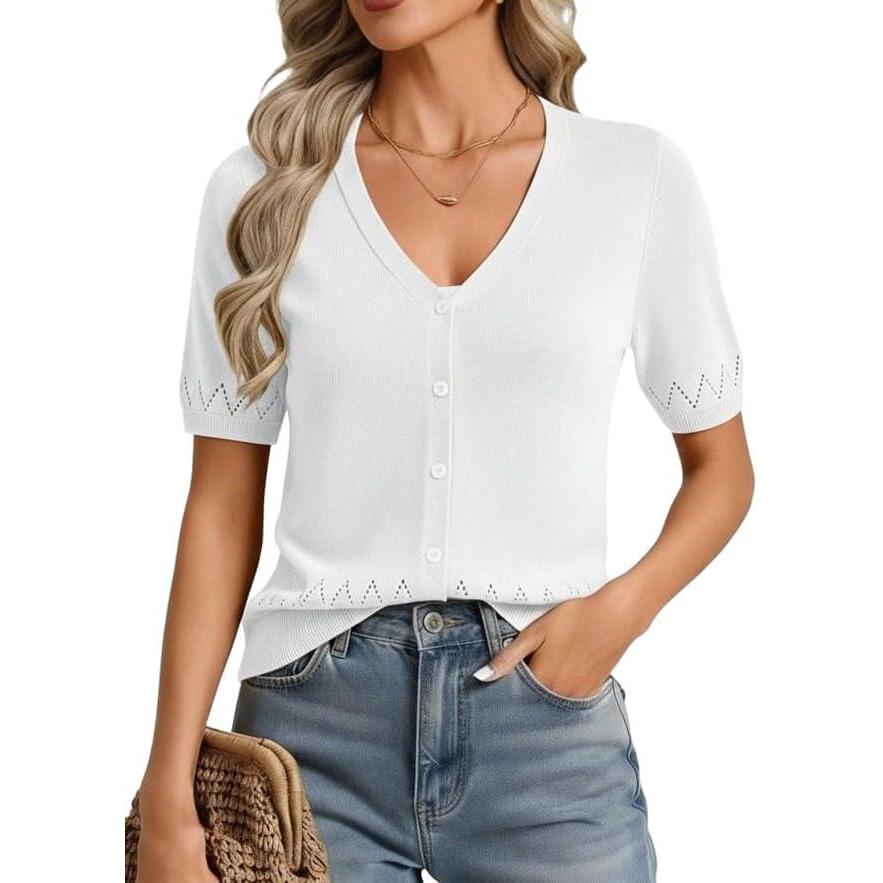 imageGRACE KARIN Womens Short Sleeve Spring Sweater Lightweight Cotton Cardigan Button Up V Neck Dressy Casual Cute TopsOffwhite