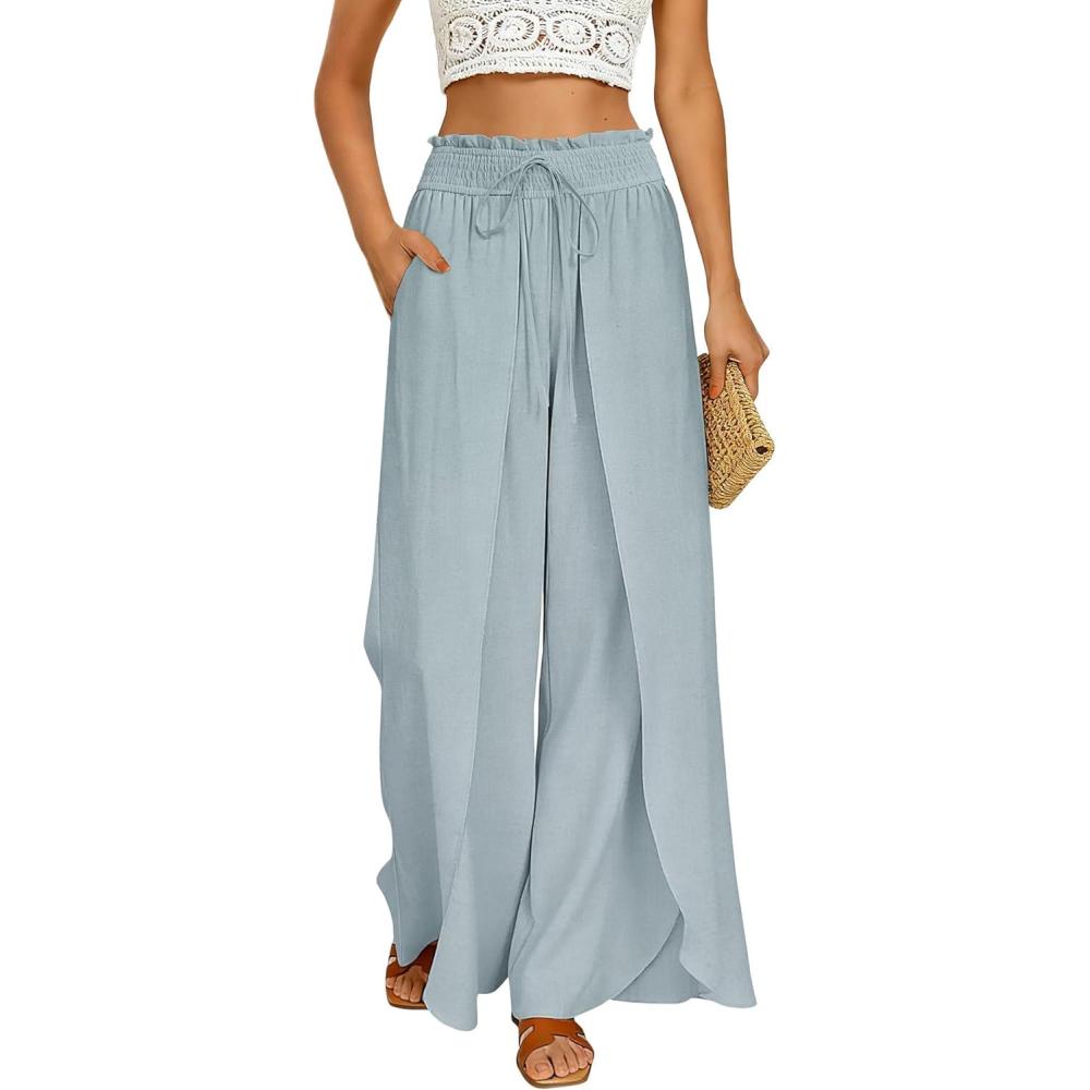 imageGRACE KARIN Womens Wide Leg Summer Pants Flowy Side Split Palazzo Beach Pants Boho Drawstring High Waisted TrousersLight Blue
