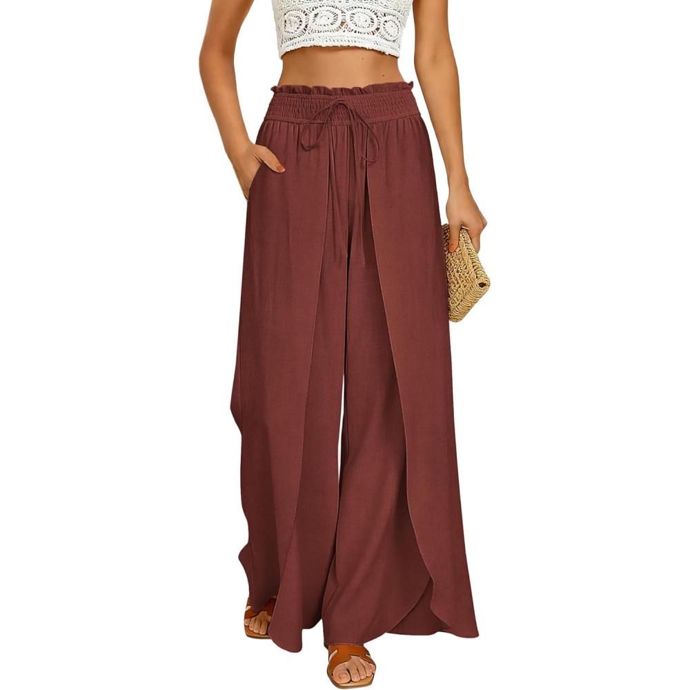 imageGRACE KARIN Womens Wide Leg Summer Pants Flowy Side Split Palazzo Beach Pants Boho Drawstring High Waisted TrousersOrange Red