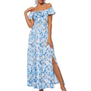 GRACE KARIN 2025 Womens Maxi Dresses Summer Off Shoulder Floral Dress Ruffle Split Beach Flowy Boho Wedding Guest Dress(Blue)
