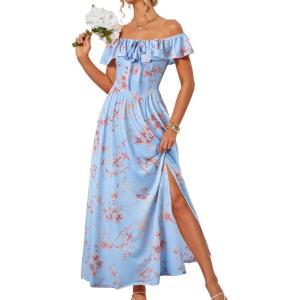 GRACE KARIN 2025 Womens Maxi Dresses Summer Off Shoulder Floral Dress Ruffle Split Beach Flowy Boho Wedding Guest Dress(Blue Beige)
