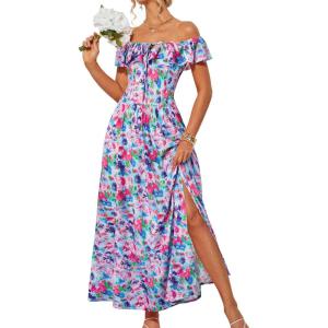 GRACE KARIN 2025 Womens Maxi Dresses Summer Off Shoulder Floral Dress Ruffle Split Beach Flowy Boho Wedding Guest Dress(Blue Multicolor)