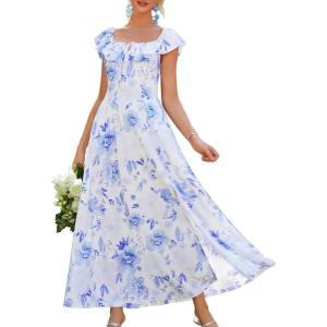 GRACE KARIN 2025 Womens Maxi Dresses Summer Off Shoulder Floral Dress Ruffle Split Beach Flowy Boho Wedding Guest Dress(Blue Purple)
