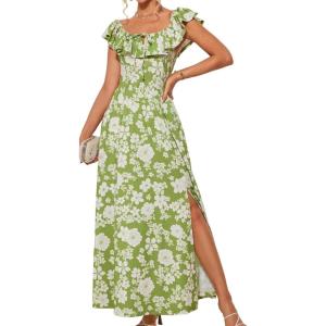GRACE KARIN 2025 Womens Maxi Dresses Summer Off Shoulder Floral Dress Ruffle Split Beach Flowy Boho Wedding Guest Dress(Green White)