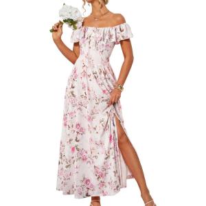 GRACE KARIN 2025 Womens Maxi Dresses Summer Off Shoulder Floral Dress Ruffle Split Beach Flowy Boho Wedding Guest Dress(Light Pink)