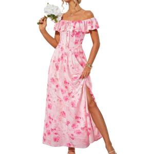 GRACE KARIN 2025 Womens Maxi Dresses Summer Off Shoulder Floral Dress Ruffle Split Beach Flowy Boho Wedding Guest Dress(Pink White)