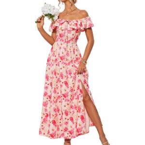 GRACE KARIN 2025 Womens Maxi Dresses Summer Off Shoulder Floral Dress Ruffle Split Beach Flowy Boho Wedding Guest Dress(Pink Yellow)
