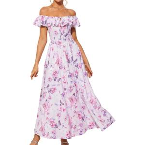 GRACE KARIN 2025 Womens Maxi Dresses Summer Off Shoulder Floral Dress Ruffle Split Beach Flowy Boho Wedding Guest Dress(Purple)