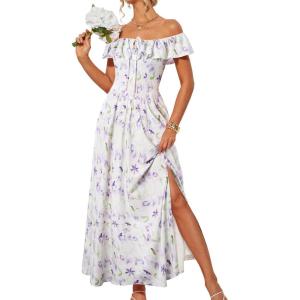 GRACE KARIN 2025 Womens Maxi Dresses Summer Off Shoulder Floral Dress Ruffle Split Beach Flowy Boho Wedding Guest Dress(Purple White)