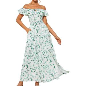 GRACE KARIN 2025 Womens Maxi Dresses Summer Off Shoulder Floral Dress Ruffle Split Beach Flowy Boho Wedding Guest Dress(White Green)
