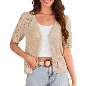 GRACE KARIN 2025 Women’s Short Sleeve V Neck Cardigans Sweaters Open Front Knit Crochet Button Bolero Shrugs Tops(Apricot)