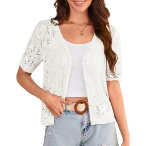 GRACE KARIN 2025 Women’s Short Sleeve V Neck Cardigans Sweaters Open Front Knit Crochet Button Bolero Shrugs Tops(Ivory White)