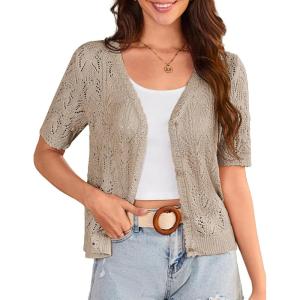 GRACE KARIN 2025 Women’s Short Sleeve V Neck Cardigans Sweaters Open Front Knit Crochet Button Bolero Shrugs Tops(Khaki)