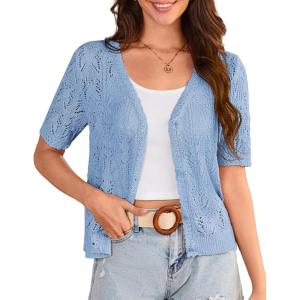GRACE KARIN 2025 Women’s Short Sleeve V Neck Cardigans Sweaters Open Front Knit Crochet Button Bolero Shrugs Tops(Light Blue)