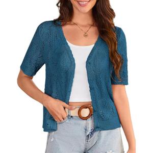 GRACE KARIN 2025 Women’s Short Sleeve V Neck Cardigans Sweaters Open Front Knit Crochet Button Bolero Shrugs Tops(Peacock Blue)