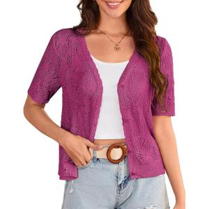 GRACE KARIN 2025 Women’s Short Sleeve V Neck Cardigans Sweaters Open Front Knit Crochet Button Bolero Shrugs Tops(Rose Red)