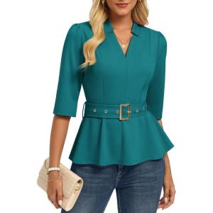 GRACE KARIN 2026 Women Dressy Tops, V Neck Half Sleeve Business Casual Blouses, Spring Fashion Peplum Work Shirts with Belt(Blue Green)