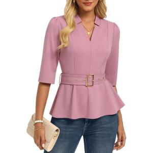 GRACE KARIN 2026 Women Dressy Tops, V Neck Half Sleeve Business Casual Blouses, Spring Fashion Peplum Work Shirts with Belt(Pink)