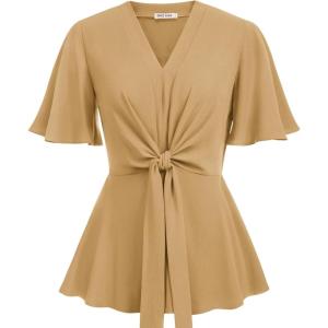 GRACE KARIN 2026 Women’s Elegant V Neck Peplum Tops Tie Front Short Bell Sleeve Shirts Tops Blouse(Apricot)