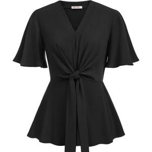 GRACE KARIN 2026 Women’s Elegant V Neck Peplum Tops Tie Front Short Bell Sleeve Shirts Tops Blouse(Black)