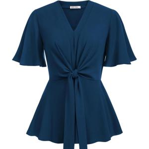 GRACE KARIN 2026 Women’s Elegant V Neck Peplum Tops Tie Front Short Bell Sleeve Shirts Tops Blouse(Dark Blue)