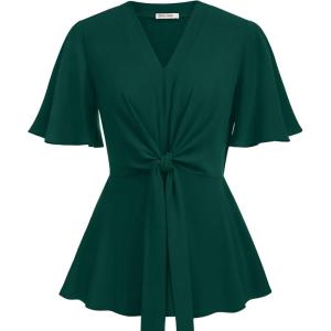 GRACE KARIN 2026 Women’s Elegant V Neck Peplum Tops Tie Front Short Bell Sleeve Shirts Tops Blouse(Dark Green)