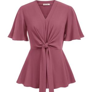 GRACE KARIN 2026 Women’s Elegant V Neck Peplum Tops Tie Front Short Bell Sleeve Shirts Tops Blouse(Dark Pink)