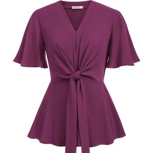 GRACE KARIN 2026 Women’s Elegant V Neck Peplum Tops Tie Front Short Bell Sleeve Shirts Tops Blouse(Dark Rose Red)
