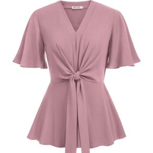 GRACE KARIN 2026 Women’s Elegant V Neck Peplum Tops Tie Front Short Bell Sleeve Shirts Tops Blouse(Gray Pink)