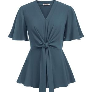 GRACE KARIN 2026 Women’s Elegant V Neck Peplum Tops Tie Front Short Bell Sleeve Shirts Tops Blouse(Grey Blue)