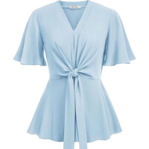 GRACE KARIN 2026 Women’s Elegant V Neck Peplum Tops Tie Front Short Bell Sleeve Shirts Tops Blouse(Light Blue)