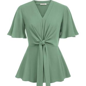 GRACE KARIN 2026 Women’s Elegant V Neck Peplum Tops Tie Front Short Bell Sleeve Shirts Tops Blouse(Light Green)