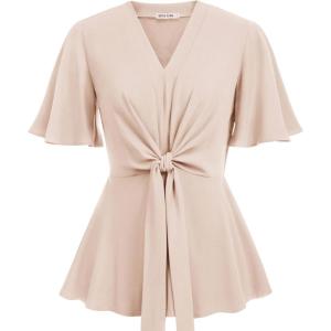GRACE KARIN 2026 Women’s Elegant V Neck Peplum Tops Tie Front Short Bell Sleeve Shirts Tops Blouse(Light Khaki)
