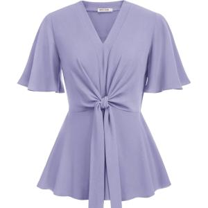 GRACE KARIN 2026 Women’s Elegant V Neck Peplum Tops Tie Front Short Bell Sleeve Shirts Tops Blouse(Lilac)