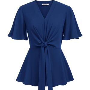 GRACE KARIN 2026 Women’s Elegant V Neck Peplum Tops Tie Front Short Bell Sleeve Shirts Tops Blouse(Navy Blue)