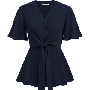 GRACE KARIN 2026 Women’s Elegant V Neck Peplum Tops Tie Front Short Bell Sleeve Shirts Tops Blouse(Navy Blue-1)