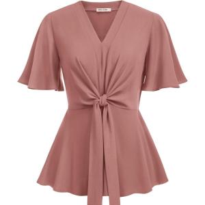 GRACE KARIN 2026 Women’s Elegant V Neck Peplum Tops Tie Front Short Bell Sleeve Shirts Tops Blouse(Pink)