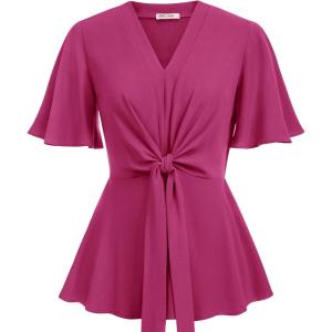 GRACE KARIN 2026 Women’s Elegant V Neck Peplum Tops Tie Front Short Bell Sleeve Shirts Tops Blouse(Rose Red)