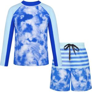 GRACE KARIN Boys Rash Guard Swim Set Two Piece Long Sleeve Bathing Suit Boy Swimsuit 6-13Y(Blue)