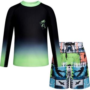 GRACE KARIN Boys Rash Guard Swim Set Two Piece Long Sleeve Bathing Suit Boy Swimsuit 6-13Y(Green)