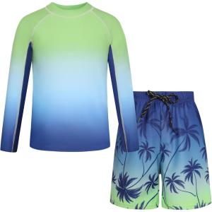 GRACE KARIN Boys Rash Guard Swim Set Two Piece Long Sleeve Bathing Suit Boy Swimsuit 6-13Y(Neon Green)